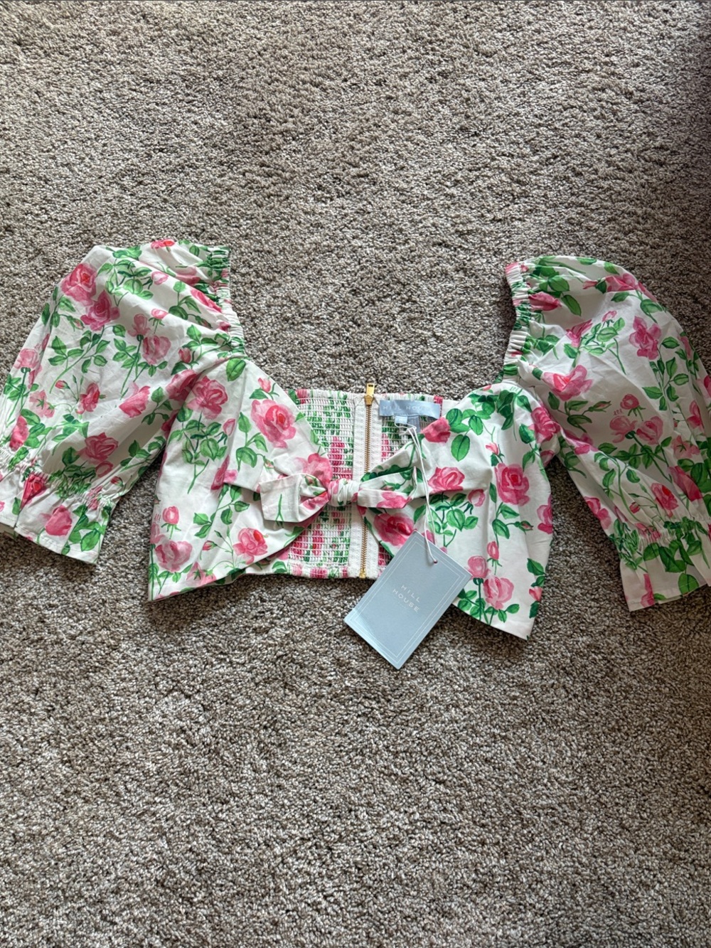 Floral Puff-Sleeve Crop Top in Pink and Green